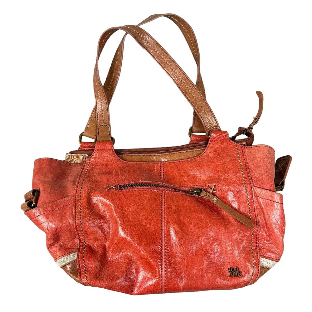 The Sak Red Orange Leather Indio Medium Tote‎ Bag